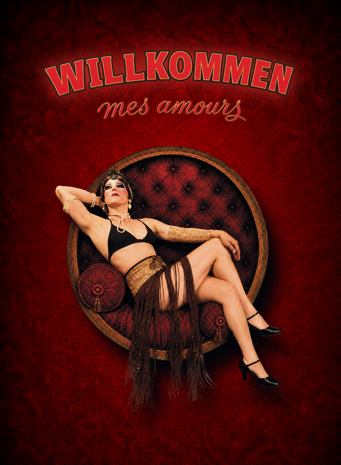 Affiche rouge du spectacle Willkommen mes amours du Cabaret Le Kalinka.