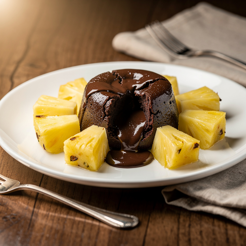 Fondant au chocolat au cœur coulant entouré de morceaux d’ananas, servi dans une assiette blanche sur une table en bois.