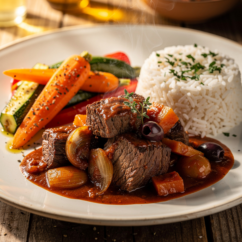 Assiette de bœuf mijoté en sauce, accompagné de riz blanc et de légumes, sur une table en bois.