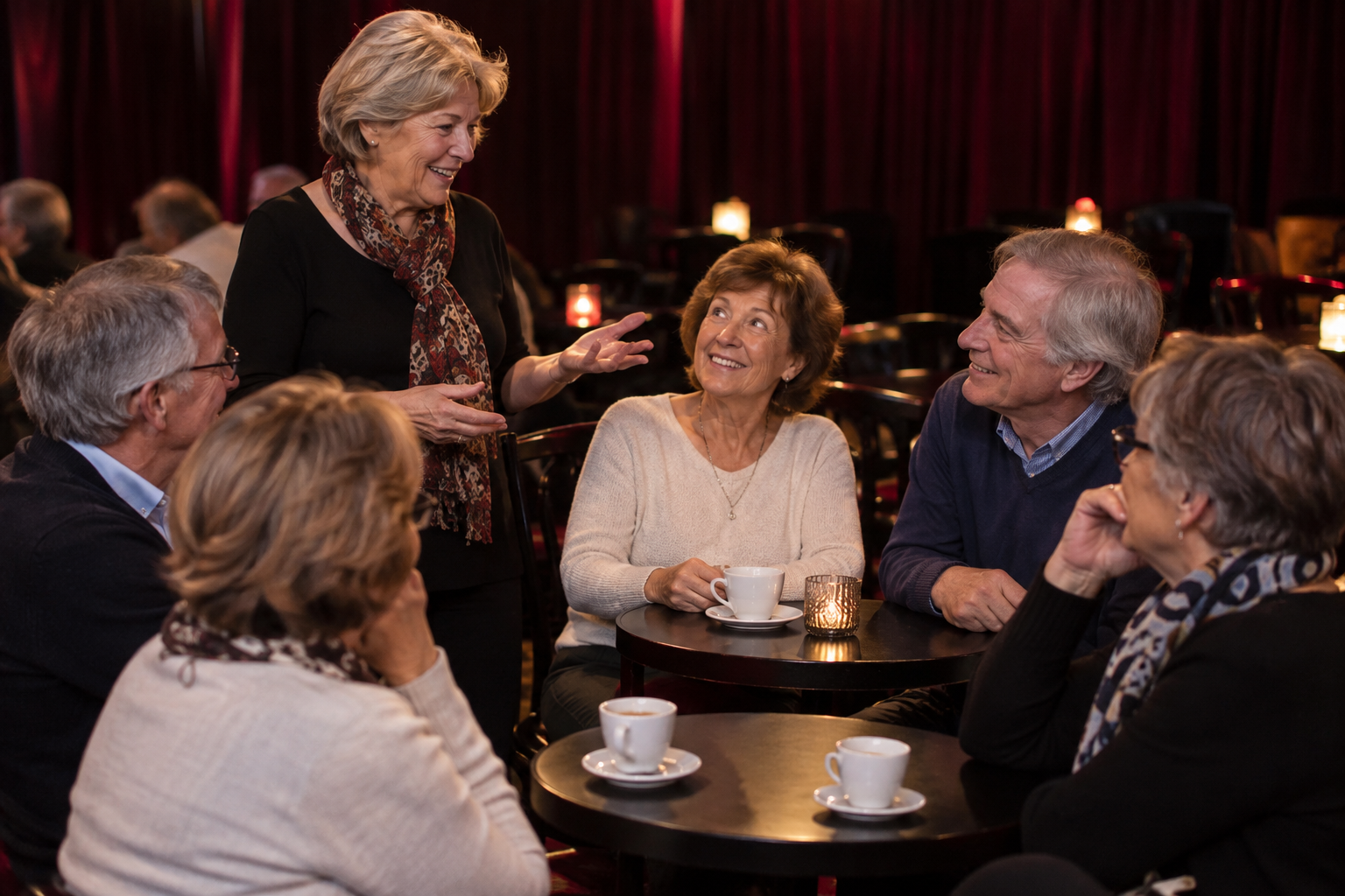 Une intervenante échange avec un groupe de participants assis autour de tables avec des cafés, dans une ambiance de cabaret aux rideaux rouges.